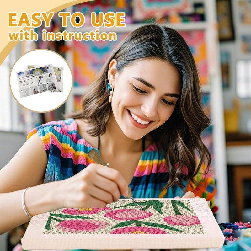 DOODLREAM Tulips DIY Punch Needle Embroidery Kit for Adult Beginner, 9.4" Flower Punch Stitching Craft Set for Starter with Frame, Fabric Pattern, Threader, Yarn, Pinch Needle - Image 3
